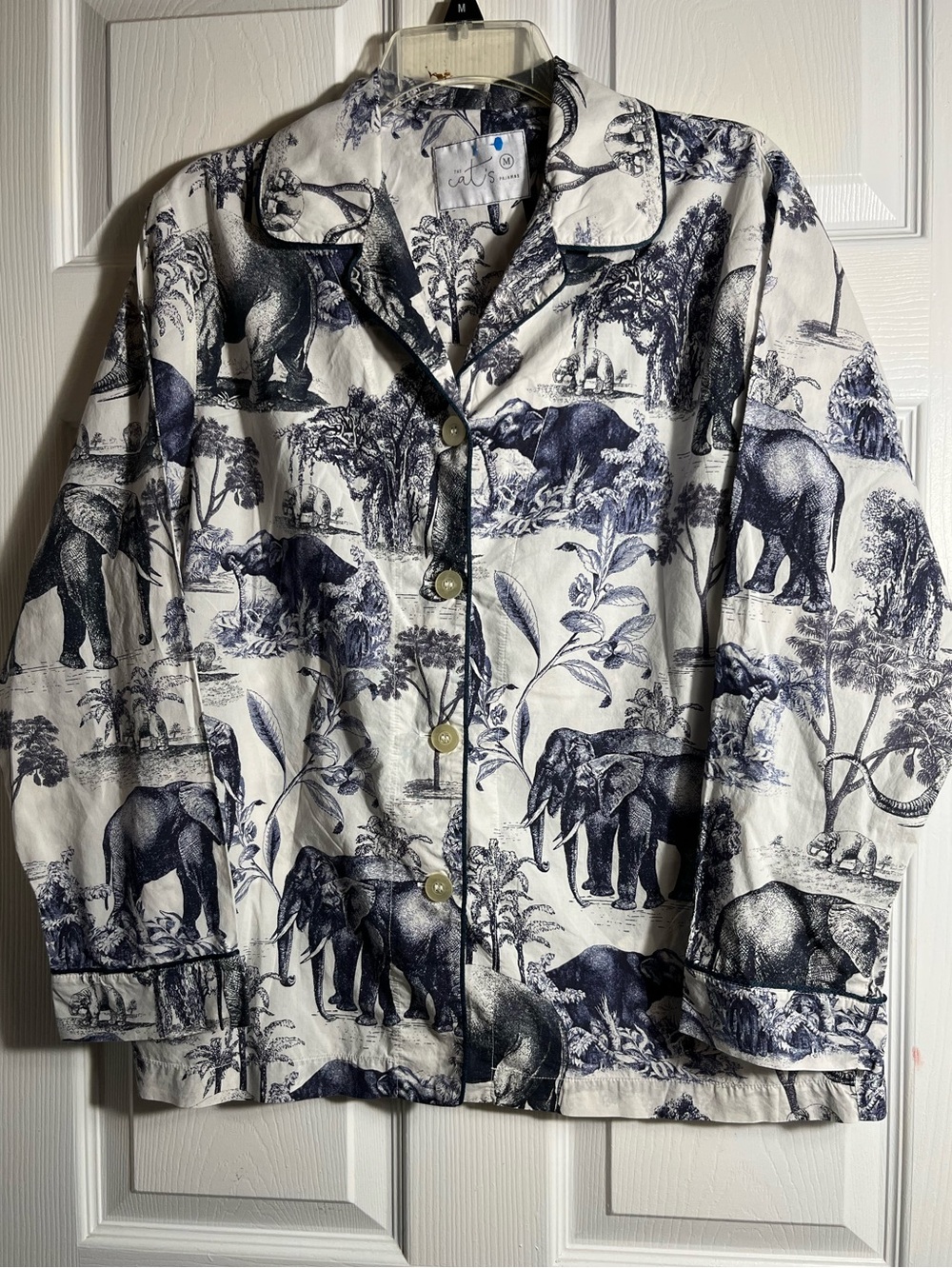 Cats White and Navy Elephant Print Button-Up Pajama M - Picture 1 of 7